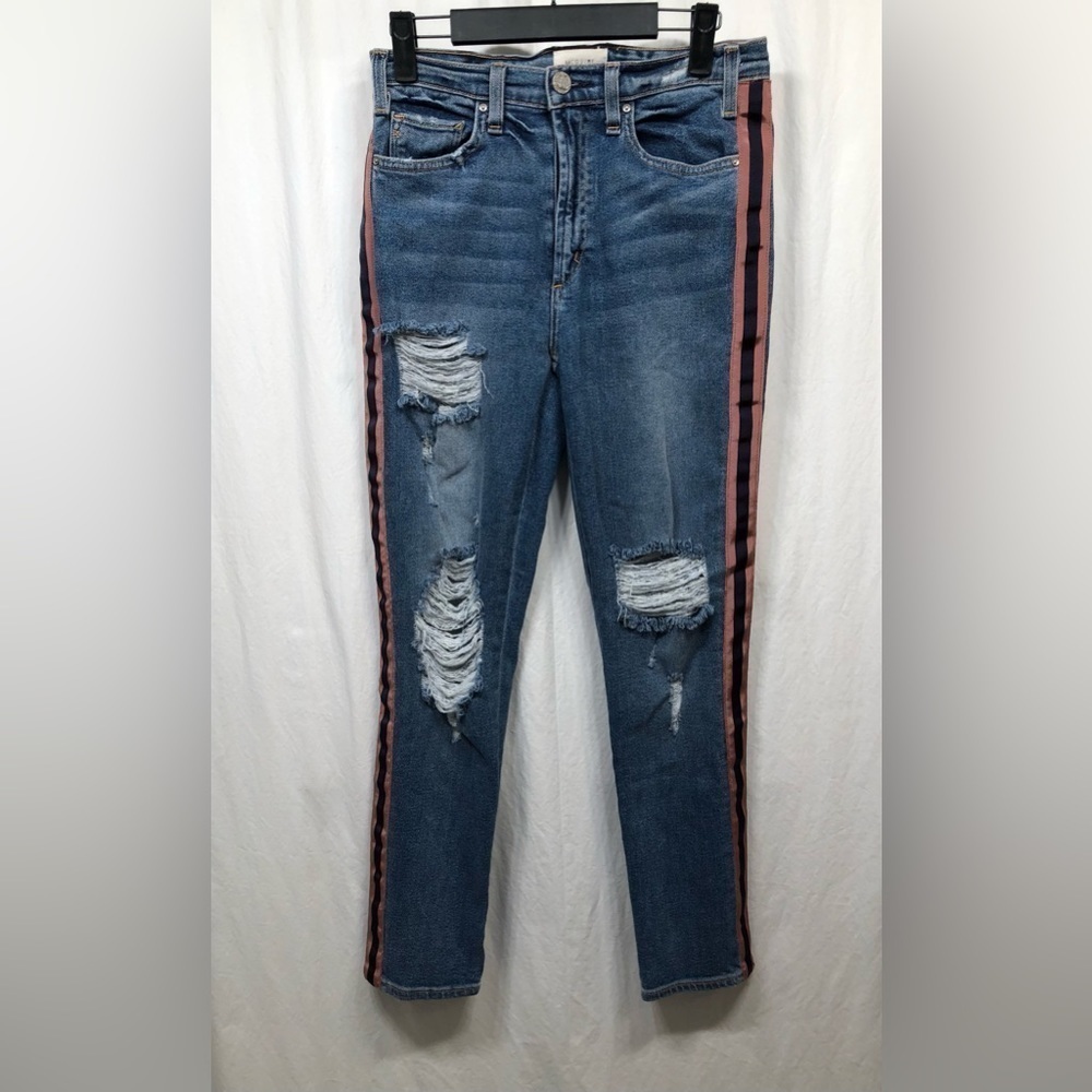 McGuire Damn Fine High Rise Side Striped Cropped Raw Hem Jeans 246D Size 27